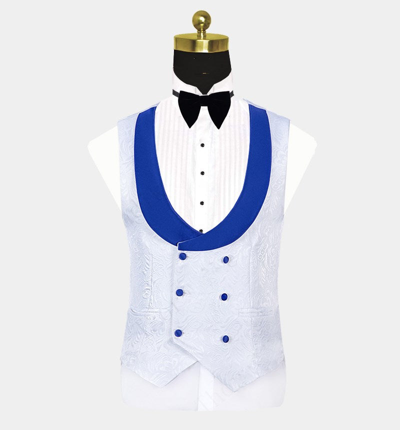 Blue Shawl Lapel White Jacquard Tuxedo Suit - Perfect for Groom-BallBride