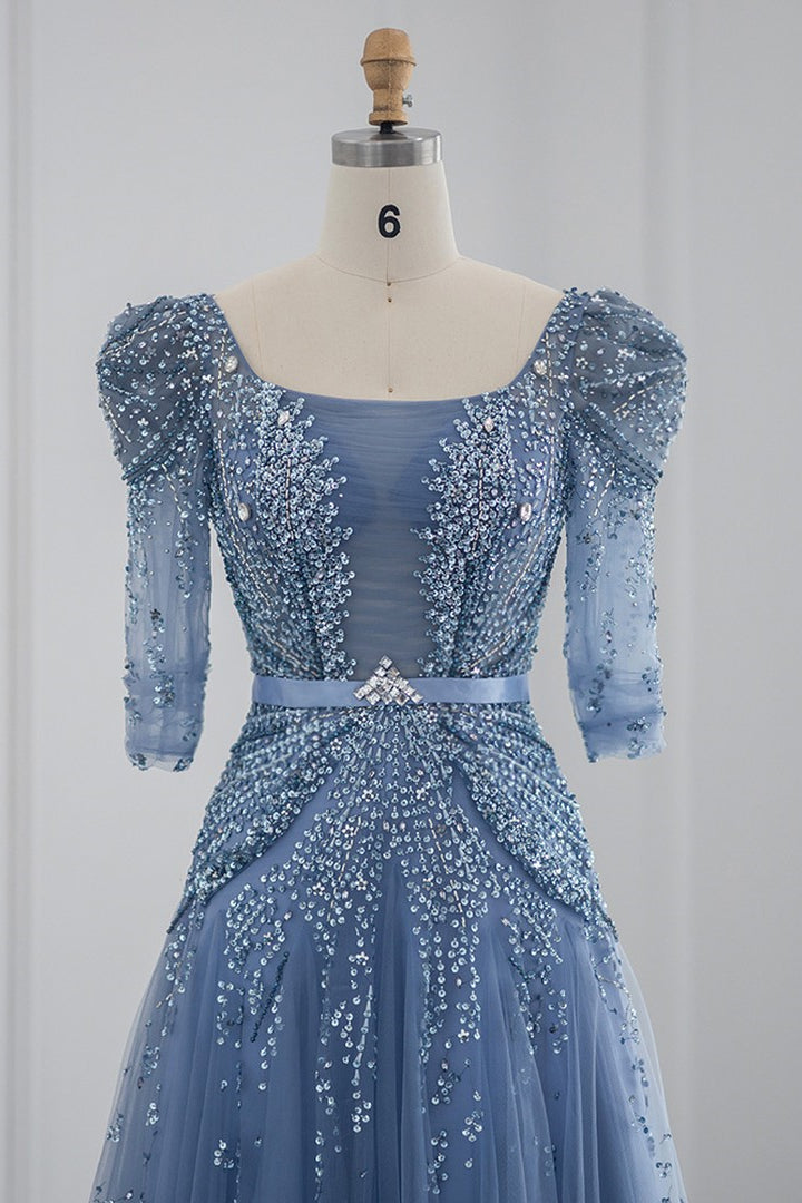 Blue Square Collar A Line Tulle Evening Dress with Appliques-BallBride