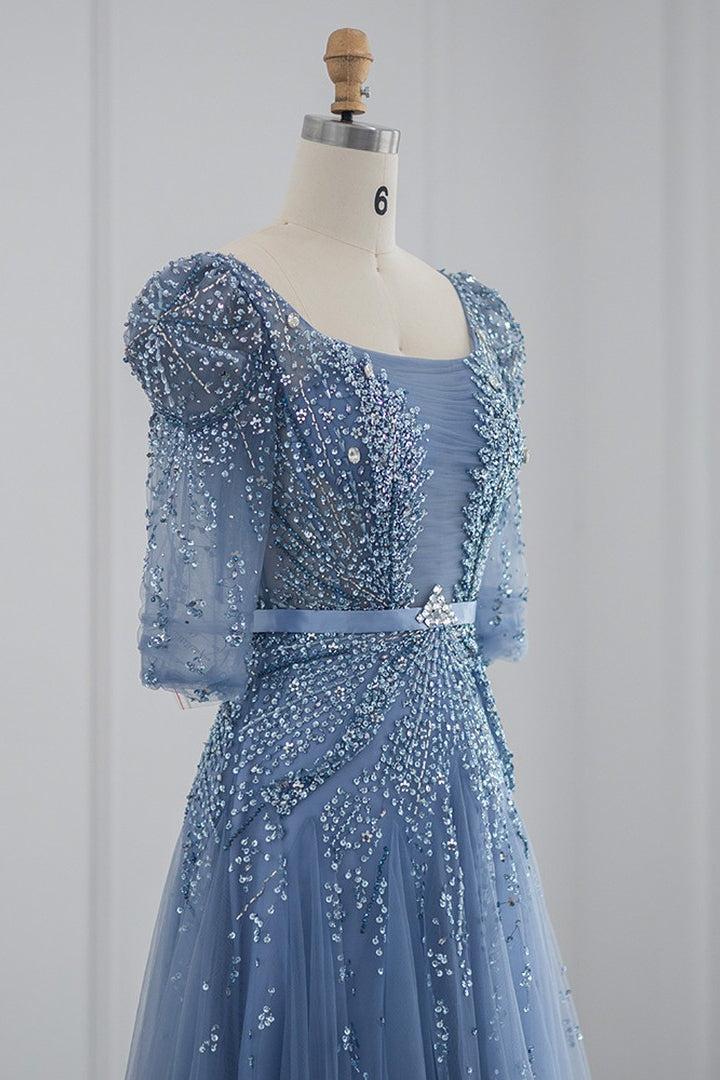 Blue Square Collar A Line Tulle Evening Dress with Appliques-BallBride