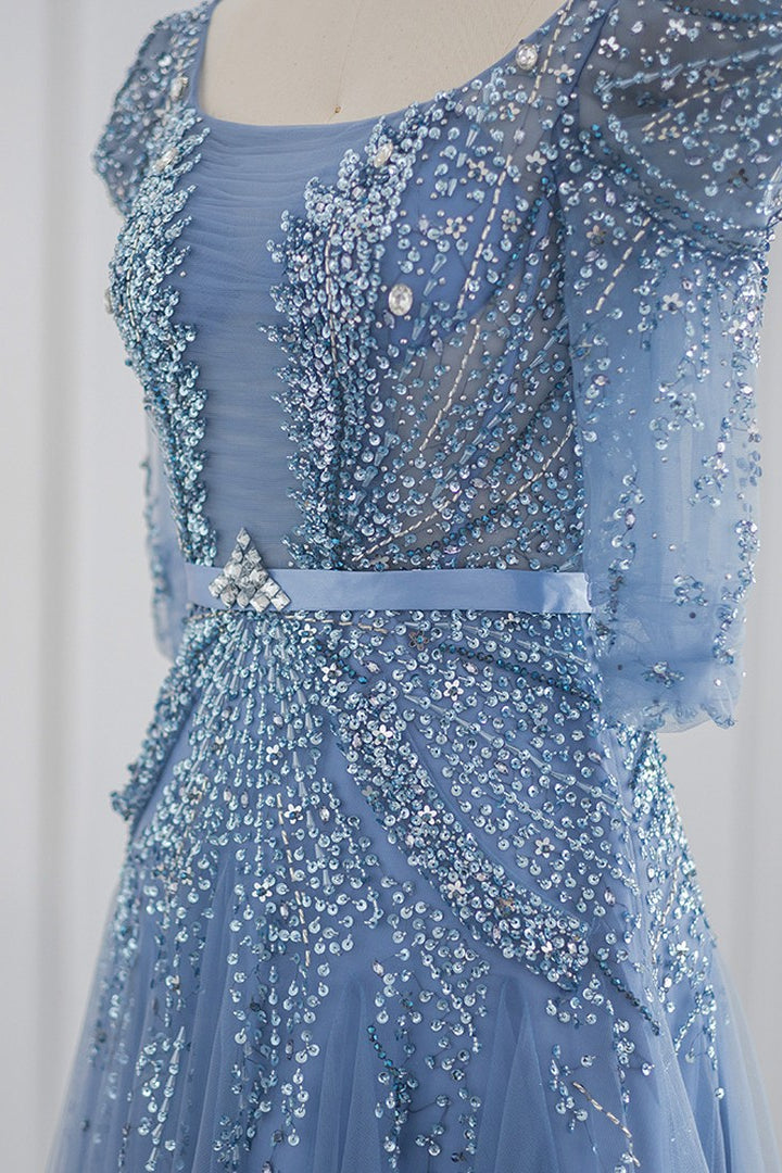 Blue Square Collar A Line Tulle Evening Dress with Appliques-BallBride