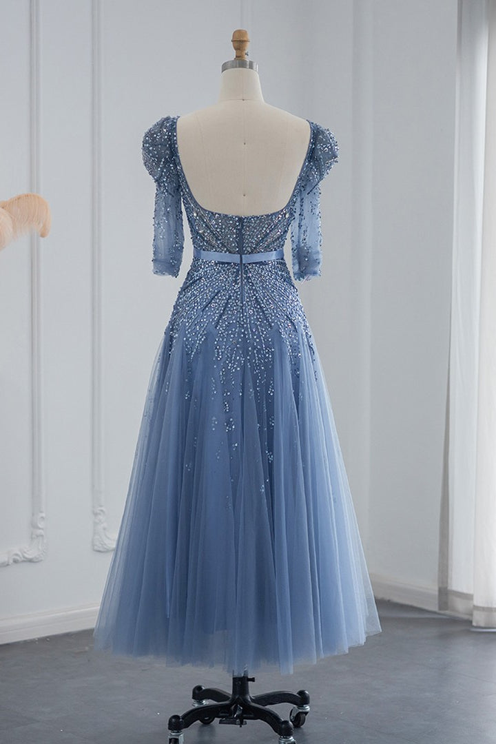 Blue Square Collar A Line Tulle Evening Dress with Appliques-BallBride