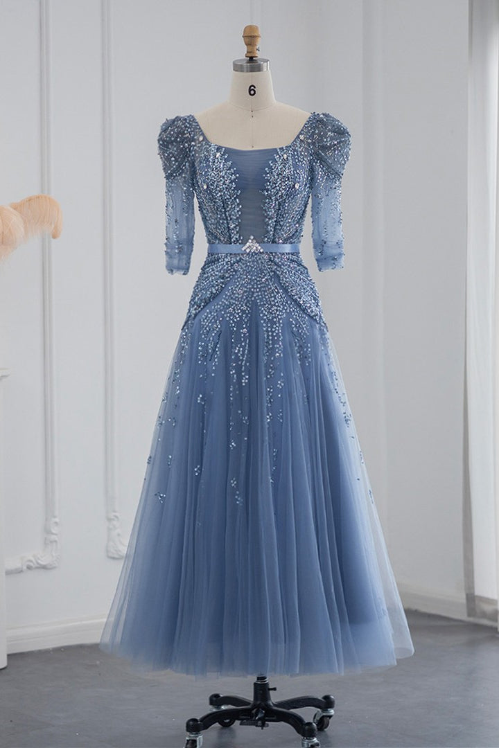 Blue Square Collar A Line Tulle Evening Dress with Appliques-BallBride