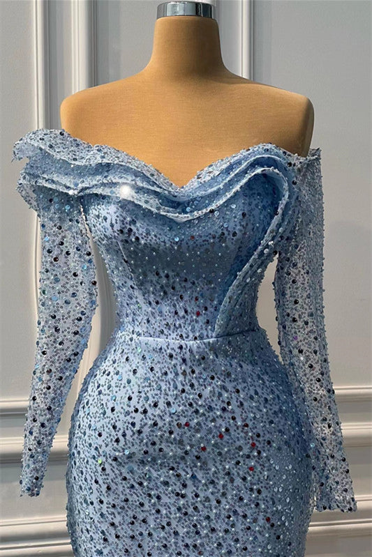 Blue Sweetheart Long Sleeves Mermaid Prom Dress with Slit and Beads-BallBride