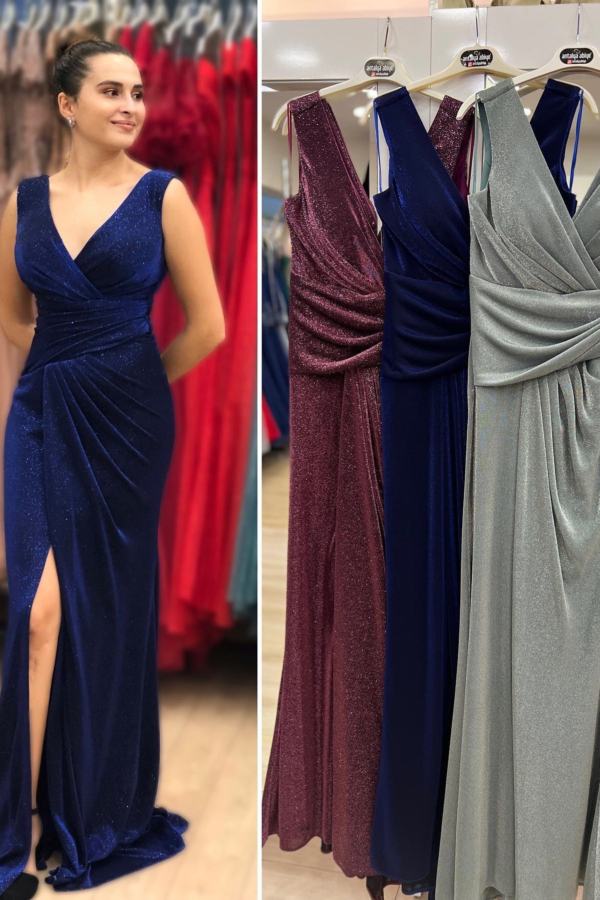 Blue V Neck Long Mermaid Prom Dress With Slit-BallBride