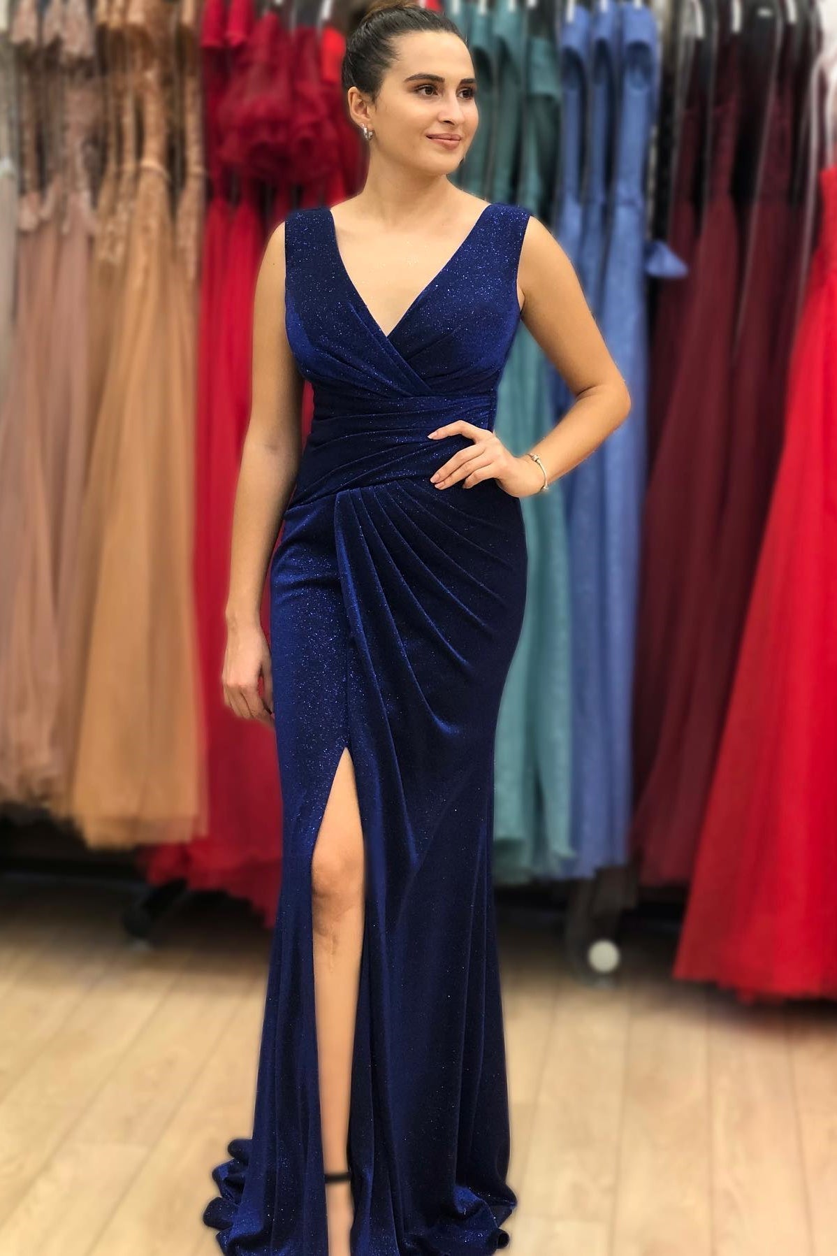 Blue V Neck Long Mermaid Prom Dress With Slit-BallBride