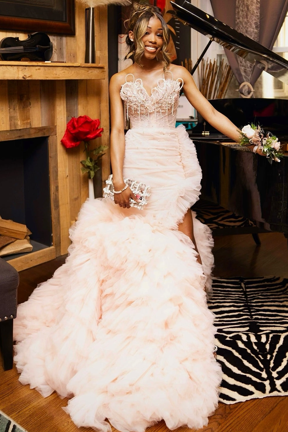 Blushing Pink Tulle Pearls Sweetheart Side Slit Ruffles Prom Dress-BallBride