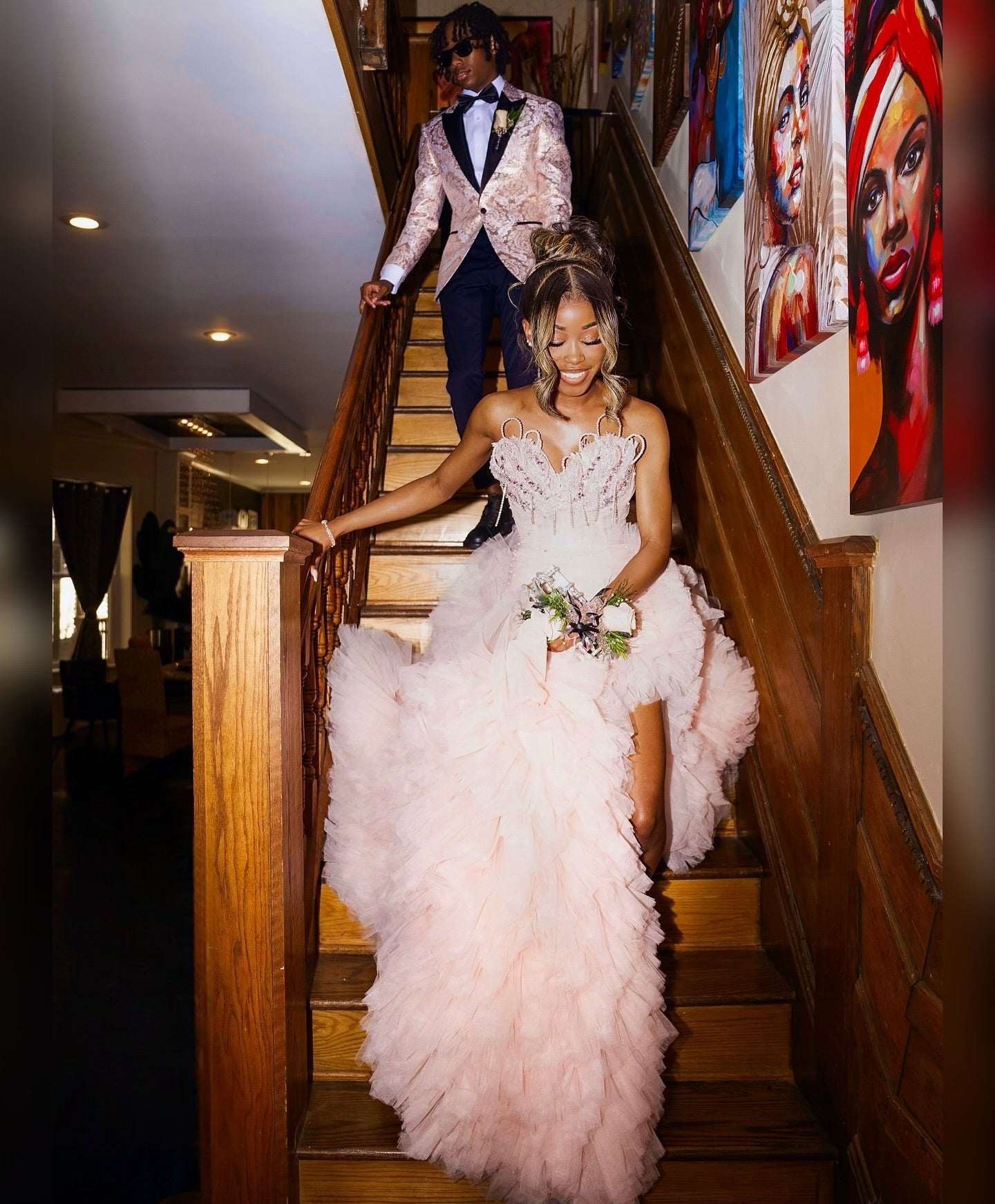 Blushing Pink Tulle Pearls Sweetheart Side Slit Ruffles Prom Dress-BallBride