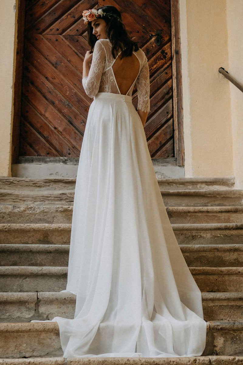 Boho Lace Chiffon Long Wedding Dress-BallBride