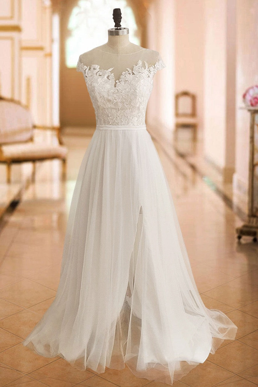 Boho Wedding Dresses Lace Off The Shoulder Short Sleeve Long Split Front Bridal Dress With Train-BallBride