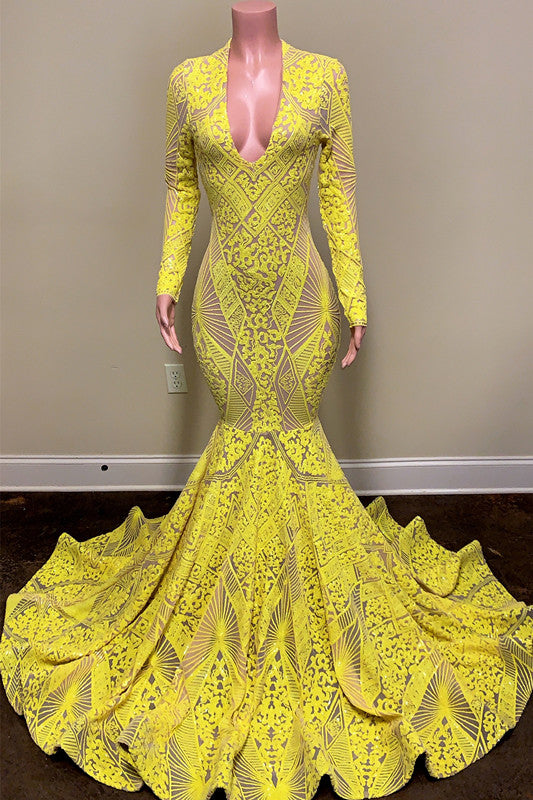 Bright Yellow Long Sleeves Mermaid Prom Dress-BallBride