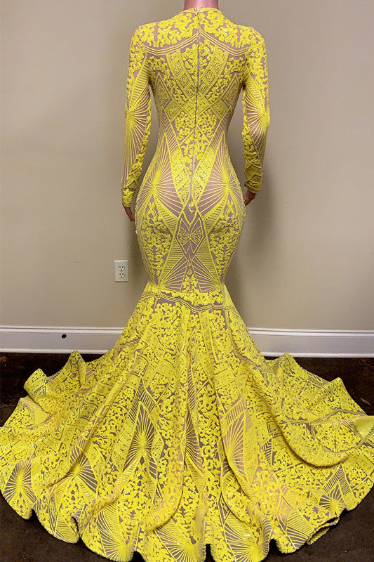 Bright Yellow Long Sleeves Mermaid Prom Dress-BallBride