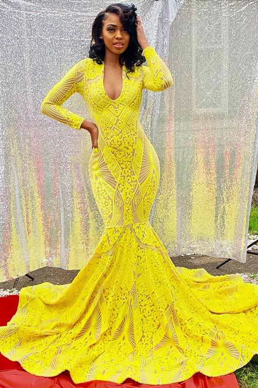 Bright Yellow Long Sleeves Mermaid Prom Dress Bright Yellow Long Sleeves Mermaid Prom Dress