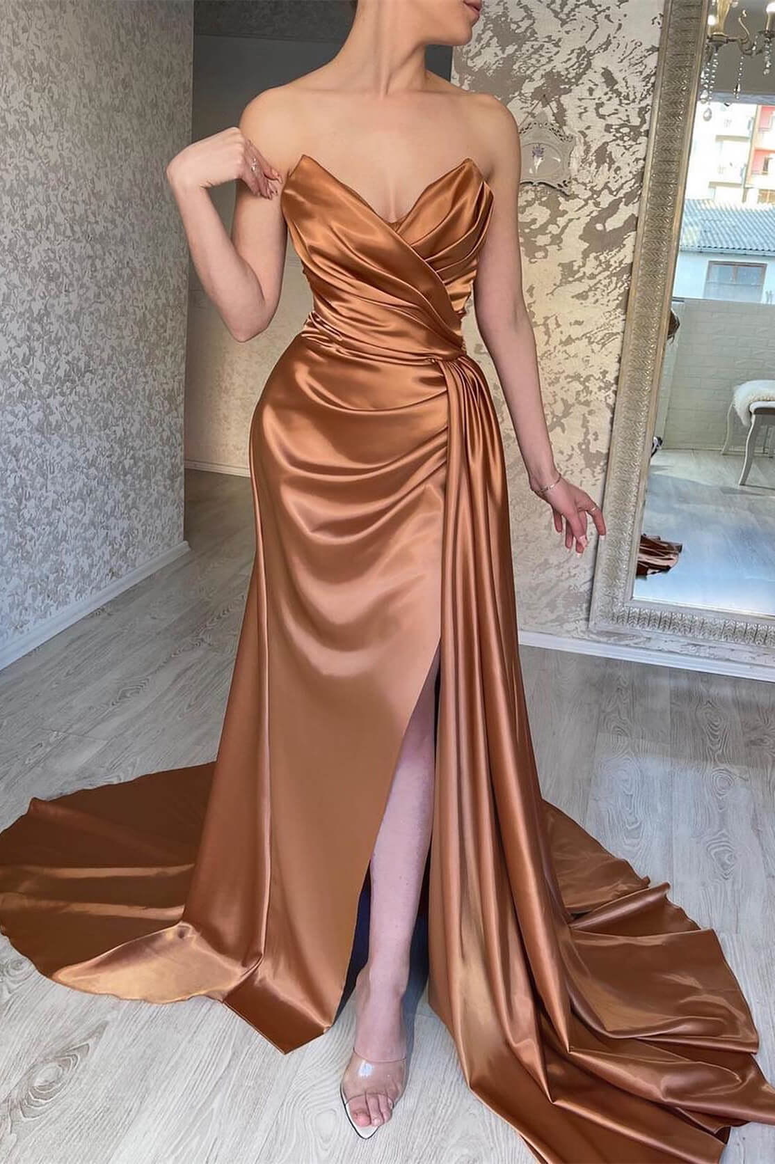 Brown Sweetheart Mermaid Prom Dress with Ruffles and Split Sleeveless-BallBride