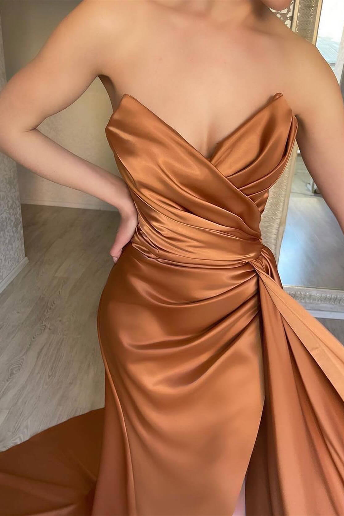 Brown Sweetheart Mermaid Prom Dress with Ruffles and Split Sleeveless-BallBride