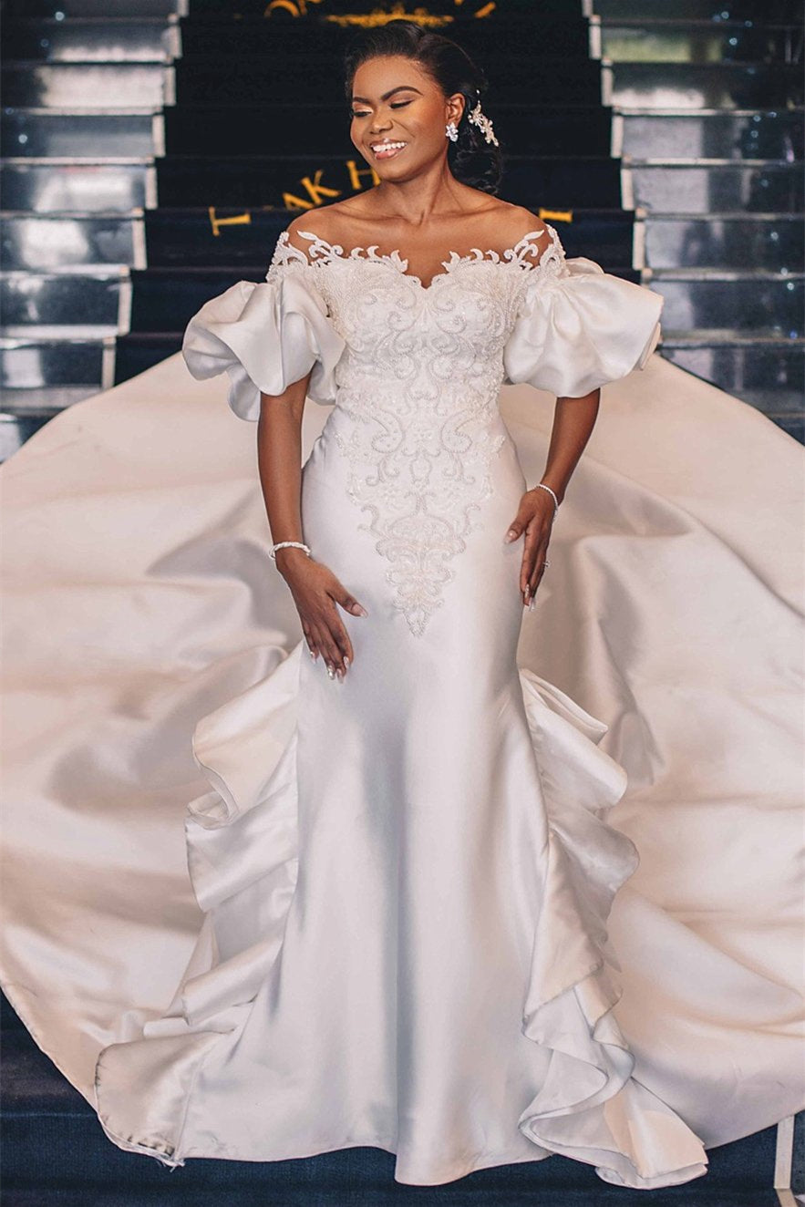 Bubble Sleeves Sweetheart Applique Mermaid Wedding Dress With Cathedral Train-BallBride