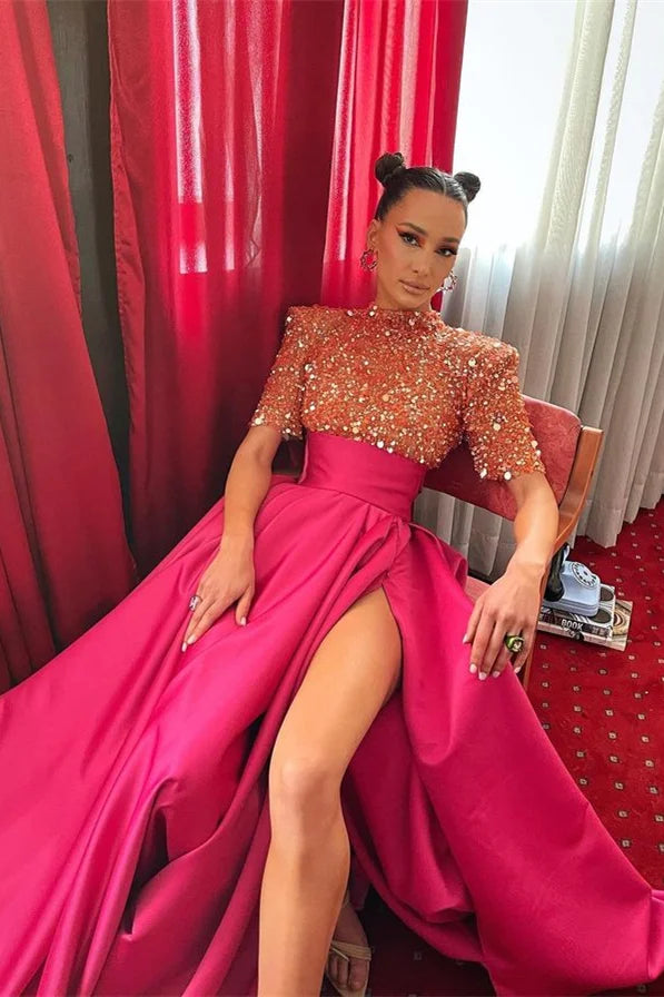 Budget High Neck Half Sleeves Evening Gowns Fuchsia Long Split With Sequins-BallBride