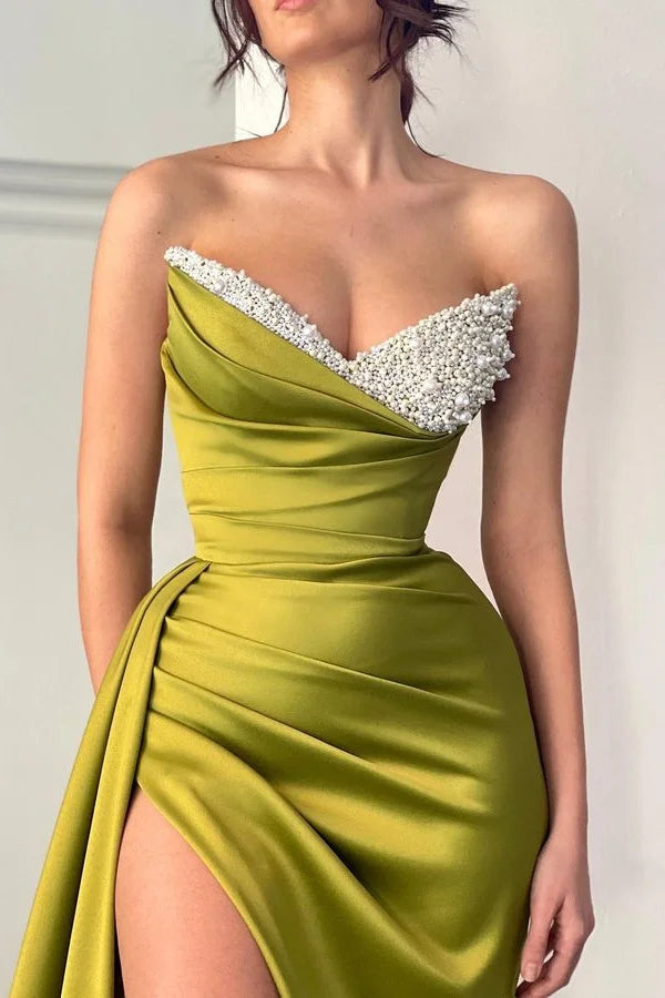 Budget Olive Green Evening Gowns Mermaid Sweetheart Slit Long With Pearls-BallBride