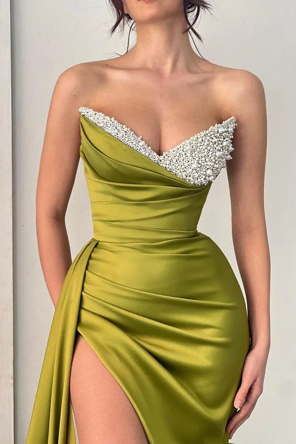 Budget Olive Green Evening Gowns Mermaid Sweetheart Slit Long With Pearls-BallBride