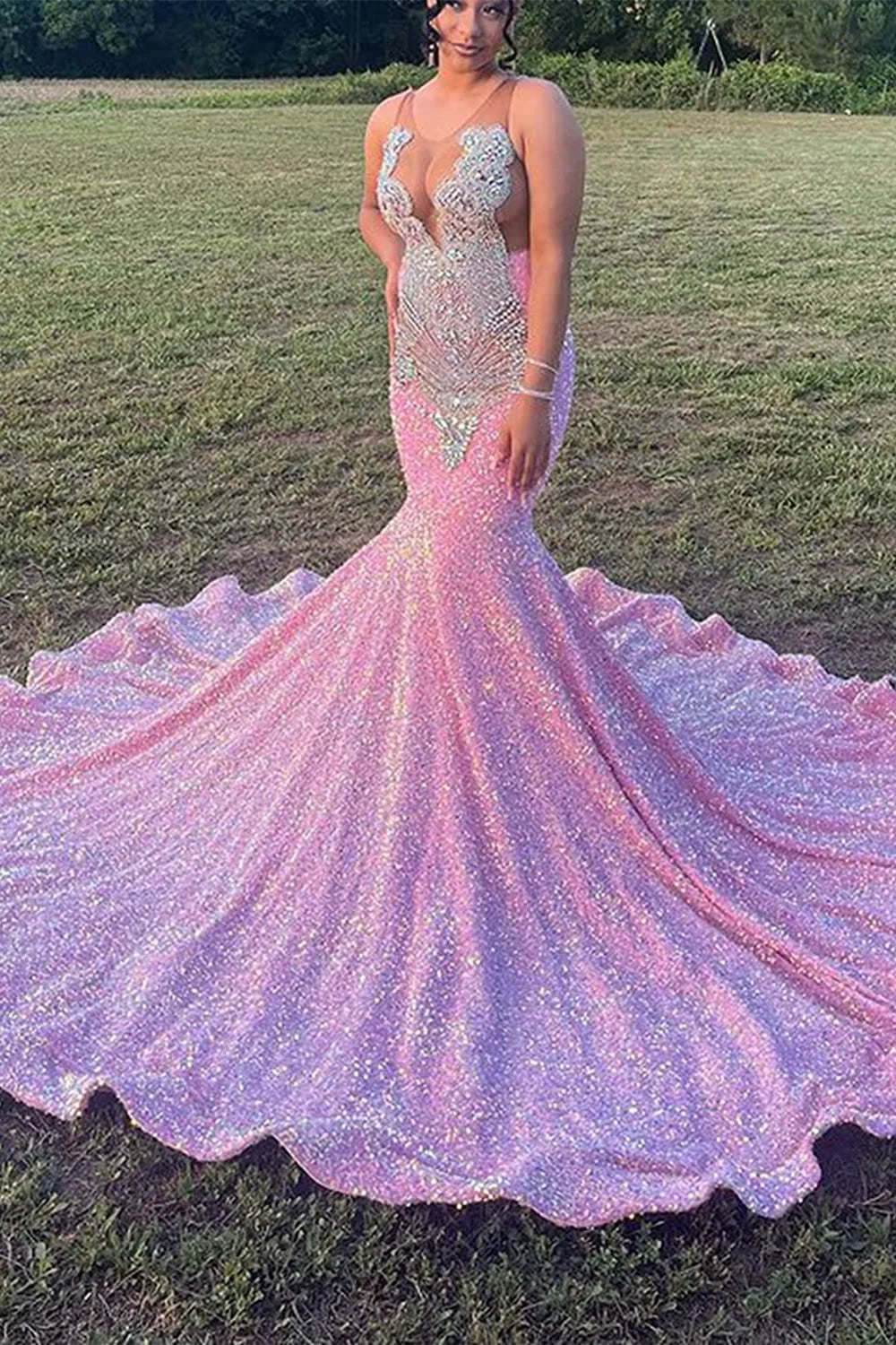 Budget Pink Sequins Evening Gowns Mermaid Sleeveless With Crystal-BallBride