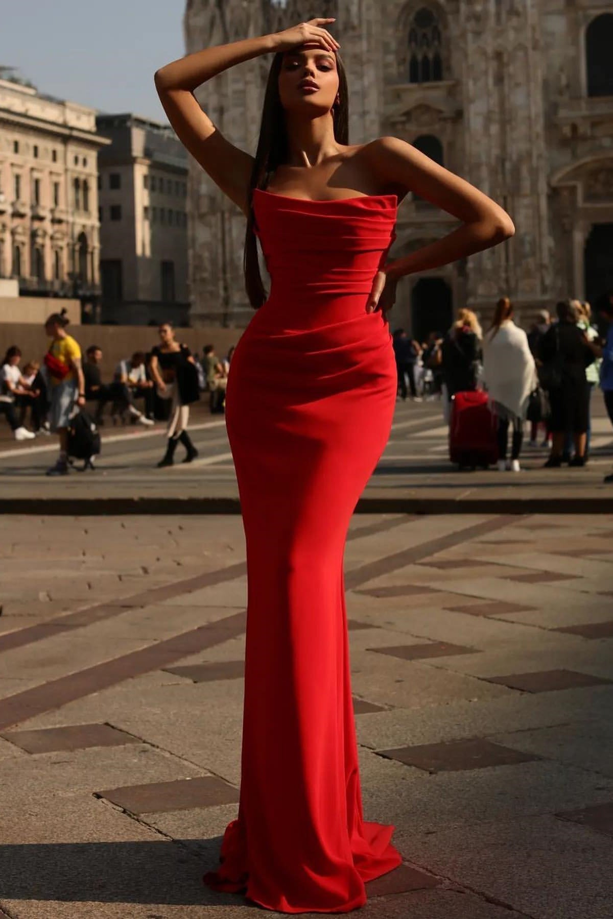 Budget Red Strapless Mermaid Evening Gown with Long Pleats-BallBride