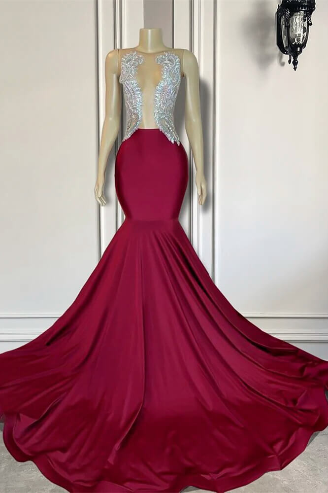 Burgundy Crew Neck Mermaid Long Appliques Lace Satin Prom Dress-BallBride