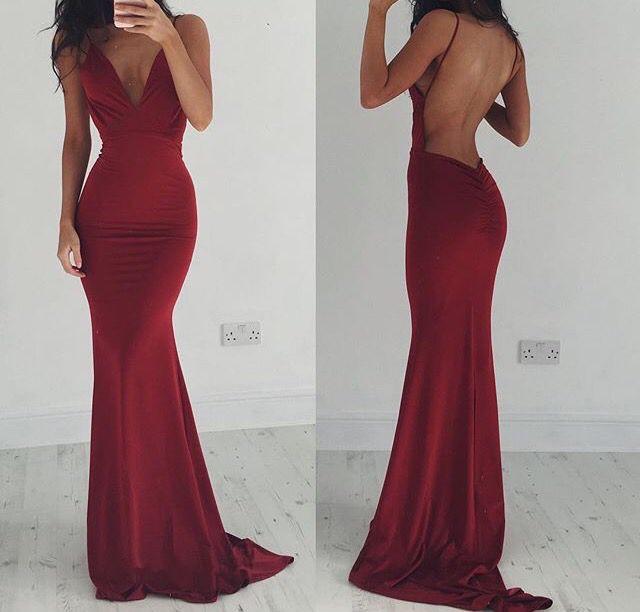 Burgundy Evening Gowns Stretchy Spaghettis-Straps Backless Column Prom Dresses-Ballbride
