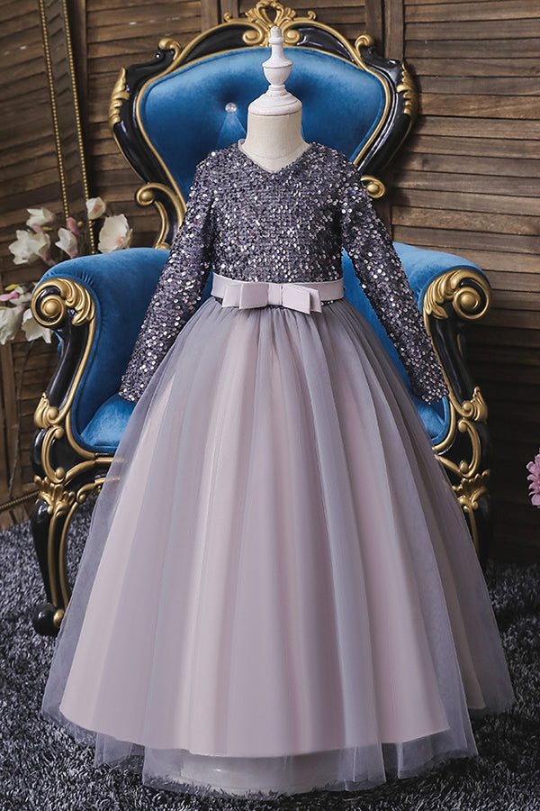 Burgundy Jewel Long Sleeve Flower Girl Dress with Sequins Appliques-BallBride
