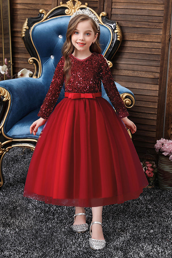Burgundy Jewel Long Sleeve Flower Girl Dress with Sequins Appliques-BallBride