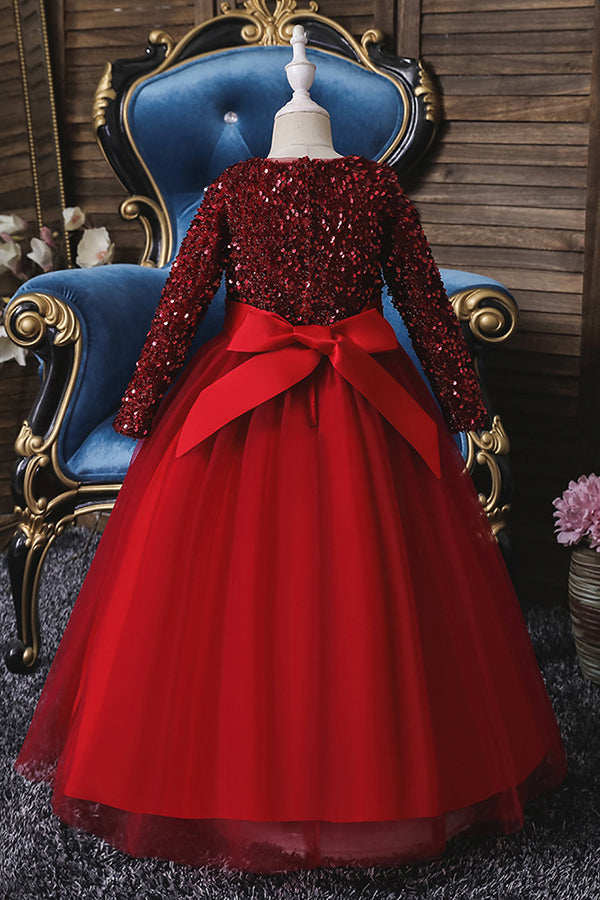Burgundy Jewel Long Sleeve Flower Girl Dress with Sequins Appliques-BallBride