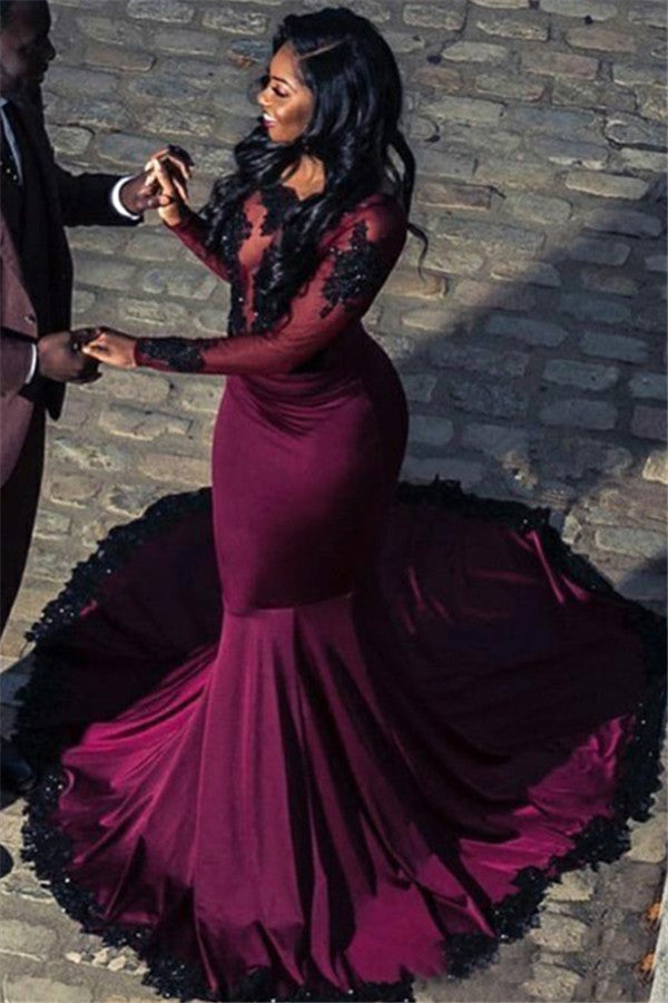 Burgundy Long Sleeves Mermaid Appliques Backless Prom Dress-BallBride