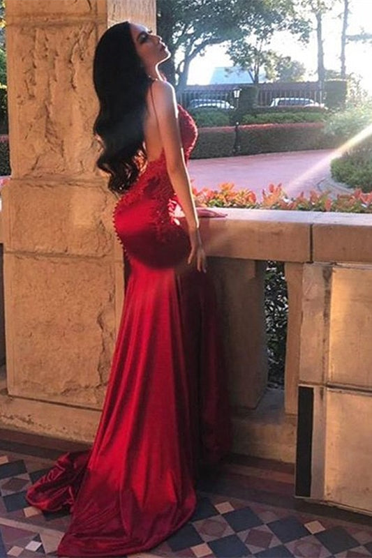 Burgundy Mermaid Prom Dress with Appliques and Spaghetti-Straps Backless-BallBride
