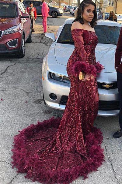 Burgundy Off Shoulder Sequins Sheath Long Sleeves Prom Dress with Feather-BallBride