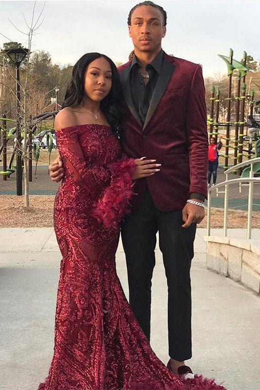 Burgundy Off Shoulder Sequins Sheath Long Sleeves Prom Dress with Feather-BallBride