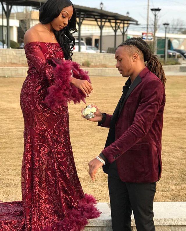 Burgundy Off Shoulder Sequins Sheath Long Sleeves Prom Dress with Feather-BallBride