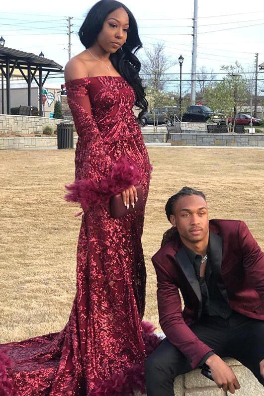 Burgundy Off Shoulder Sequins Sheath Long Sleeves Prom Dress with Feather-BallBride