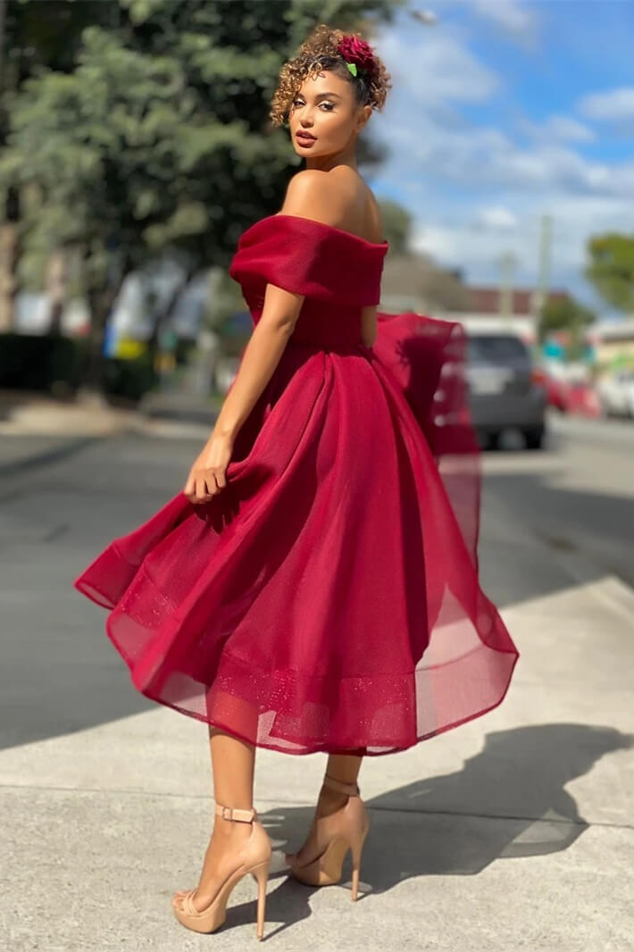 Burgundy Off The Shoulder Evening Dress A Line Short-BallBride