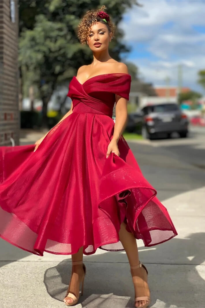 Burgundy Off The Shoulder Evening Dress A Line Short-BallBride