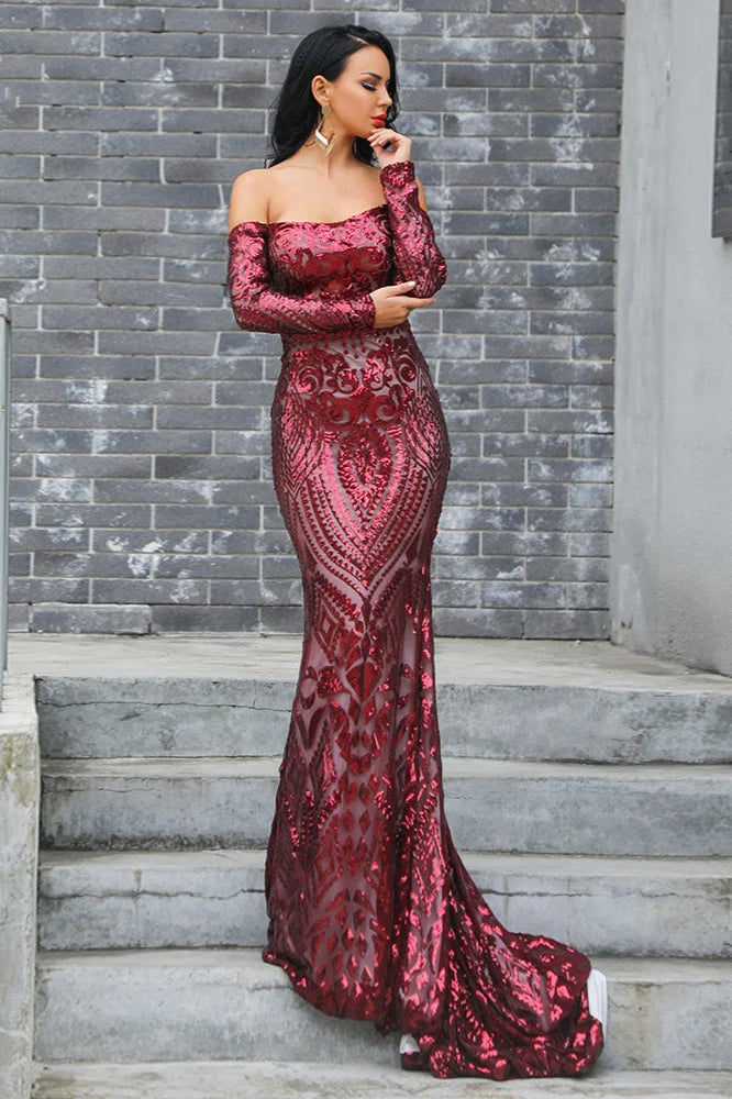 Burgundy Off-the-Shoulder Long Sleeve Prom Dress Mermaid Long Evening Gowns With Sequins-BallBride