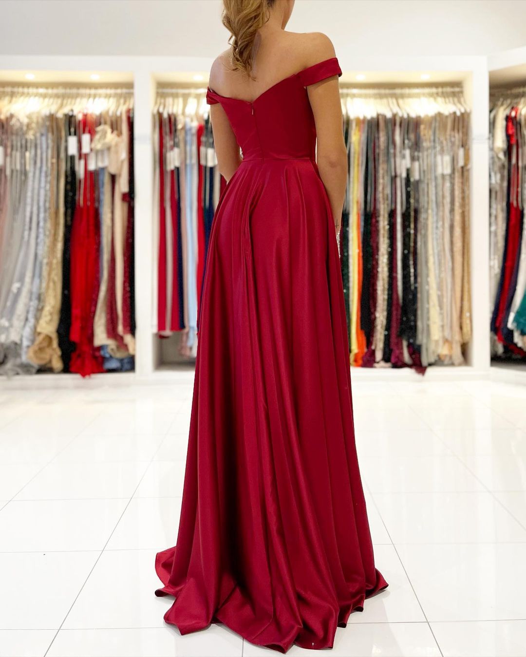 Burgundy Off-the-Shoulder Prom Dress with Slit-BallBride