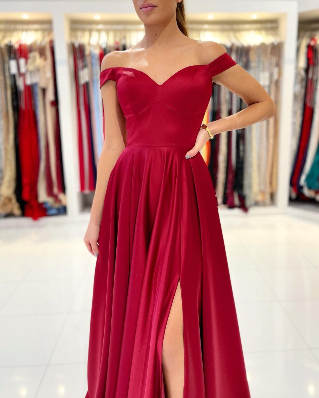 Burgundy Off-the-Shoulder Prom Dress with Slit-BallBride