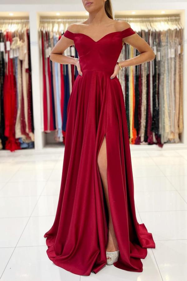 Burgundy Off-the-Shoulder Prom Dress with Slit-BallBride
