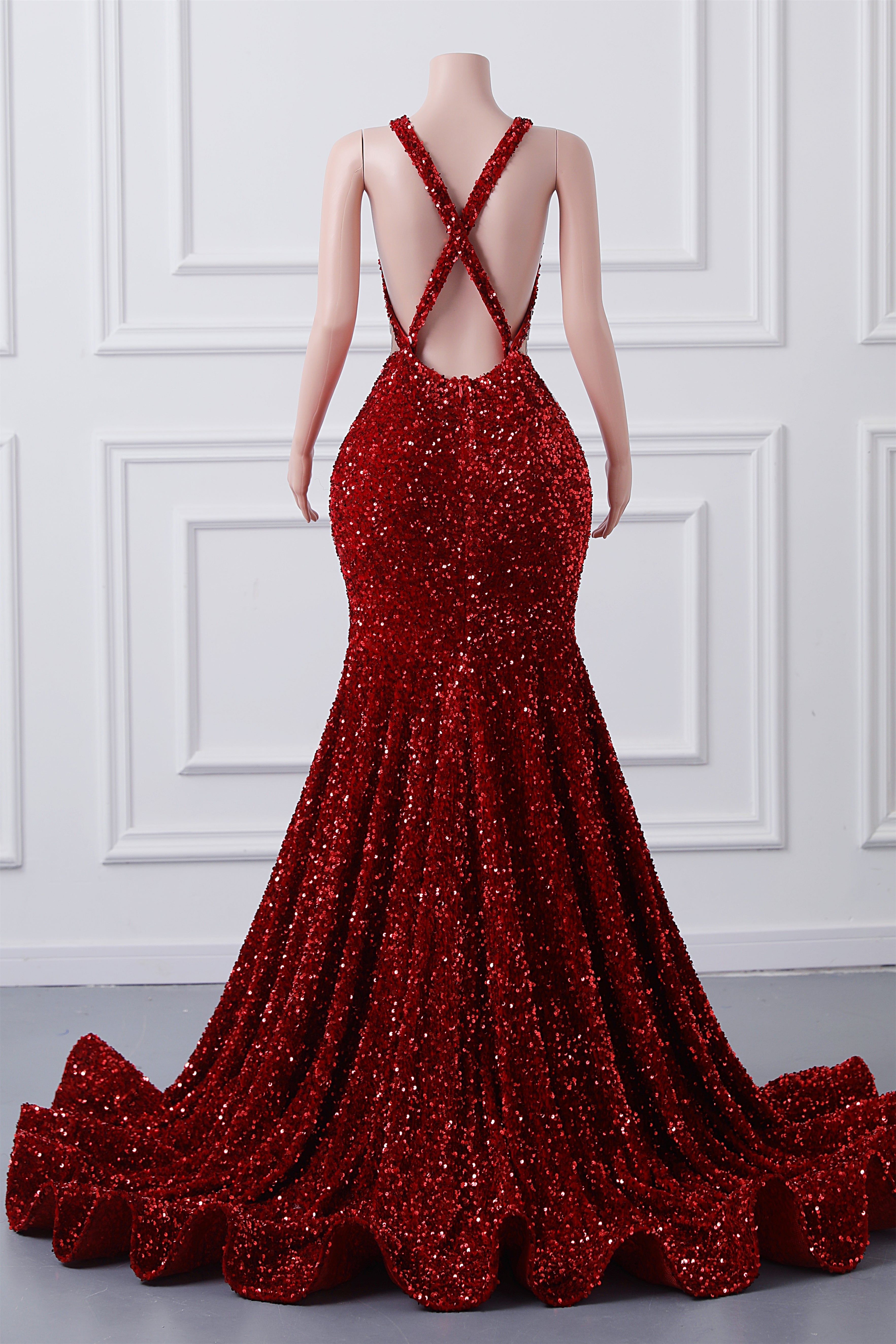 Burgundy Sequin Mermaid Silver Beaded Court Trian Prom Dresses-BallBride