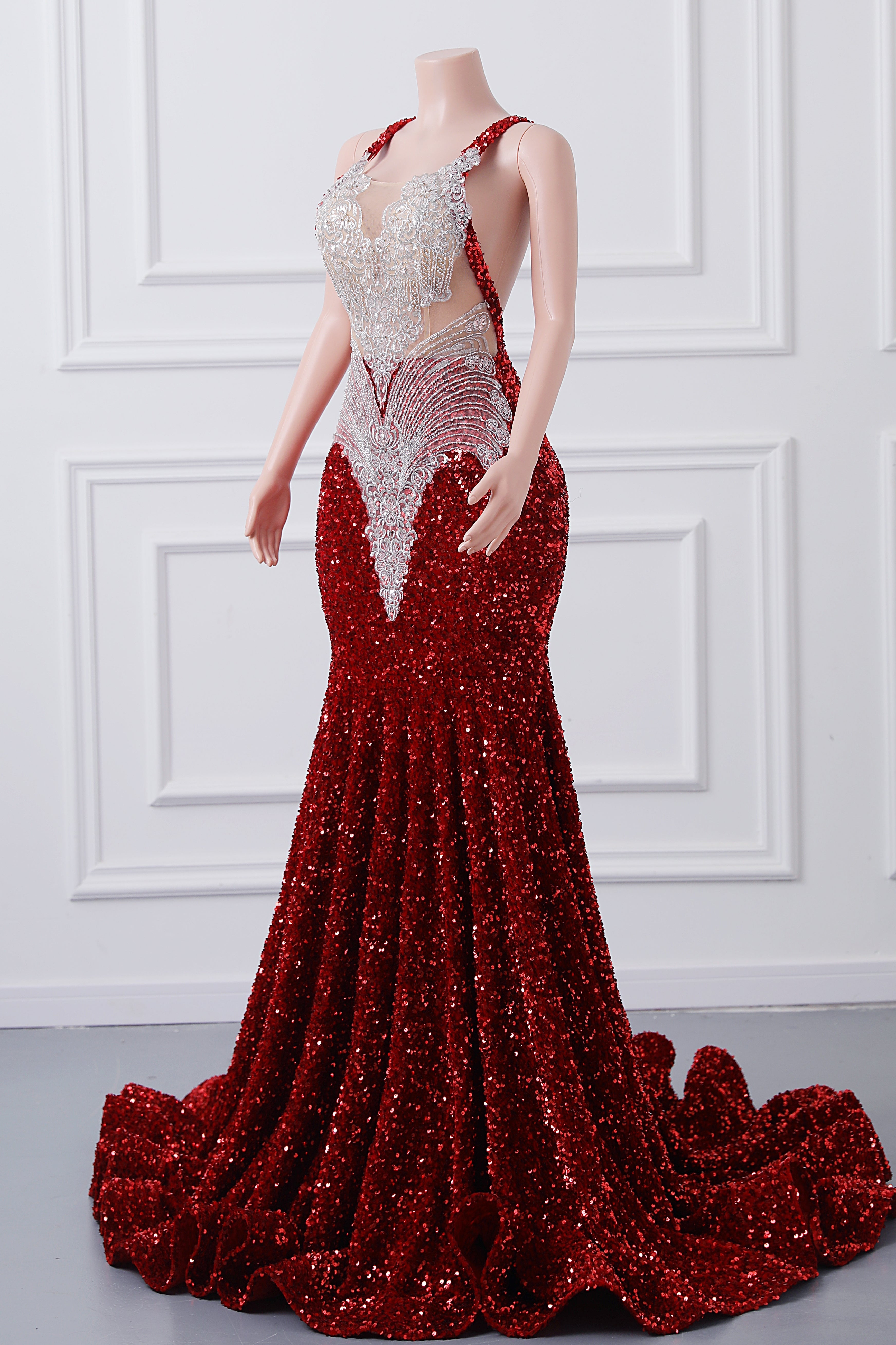 Burgundy Sequin Mermaid Silver Beaded Court Trian Prom Dresses-BallBride