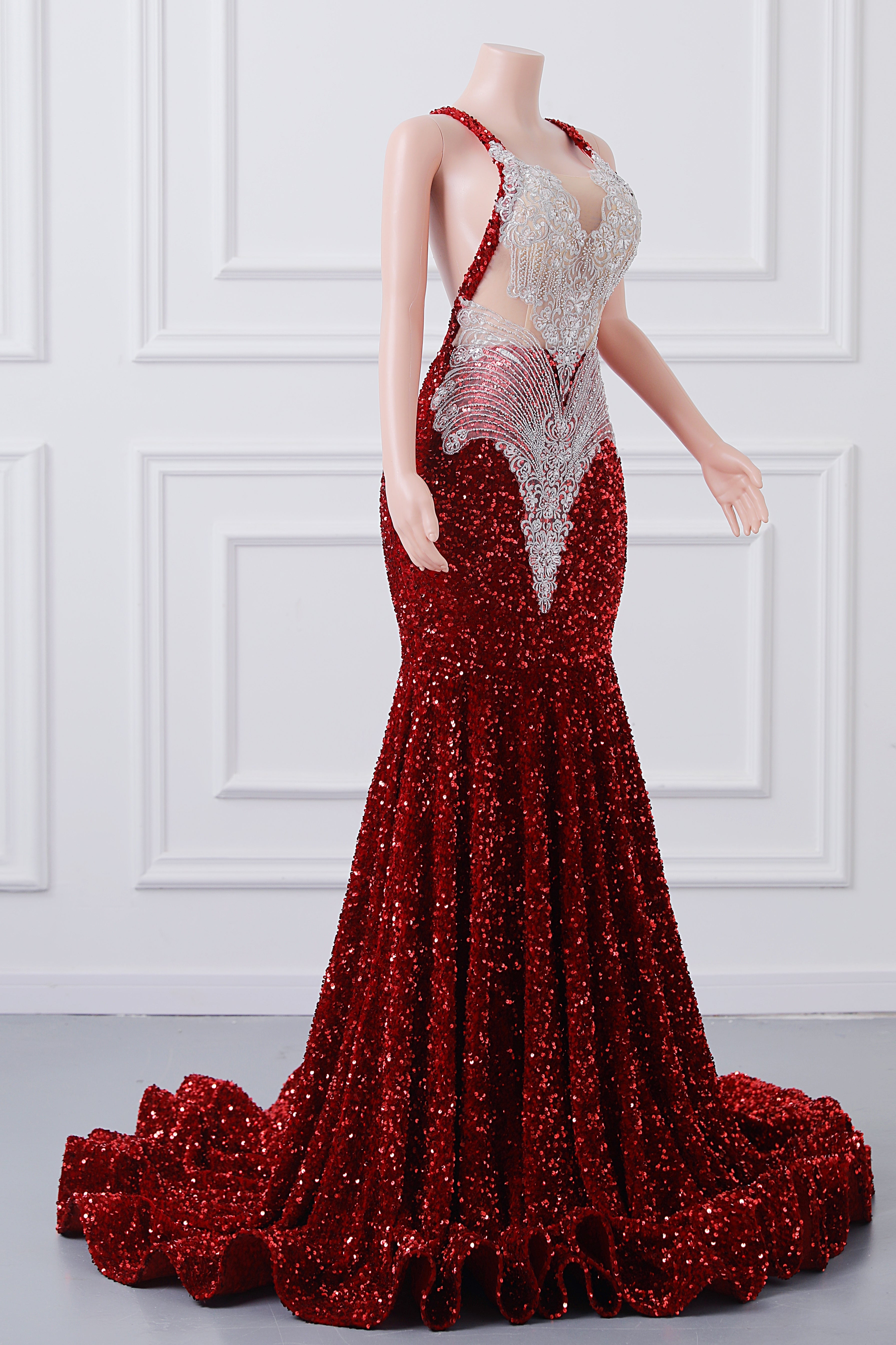 Burgundy Sequin Mermaid Silver Beaded Court Trian Prom Dresses-BallBride