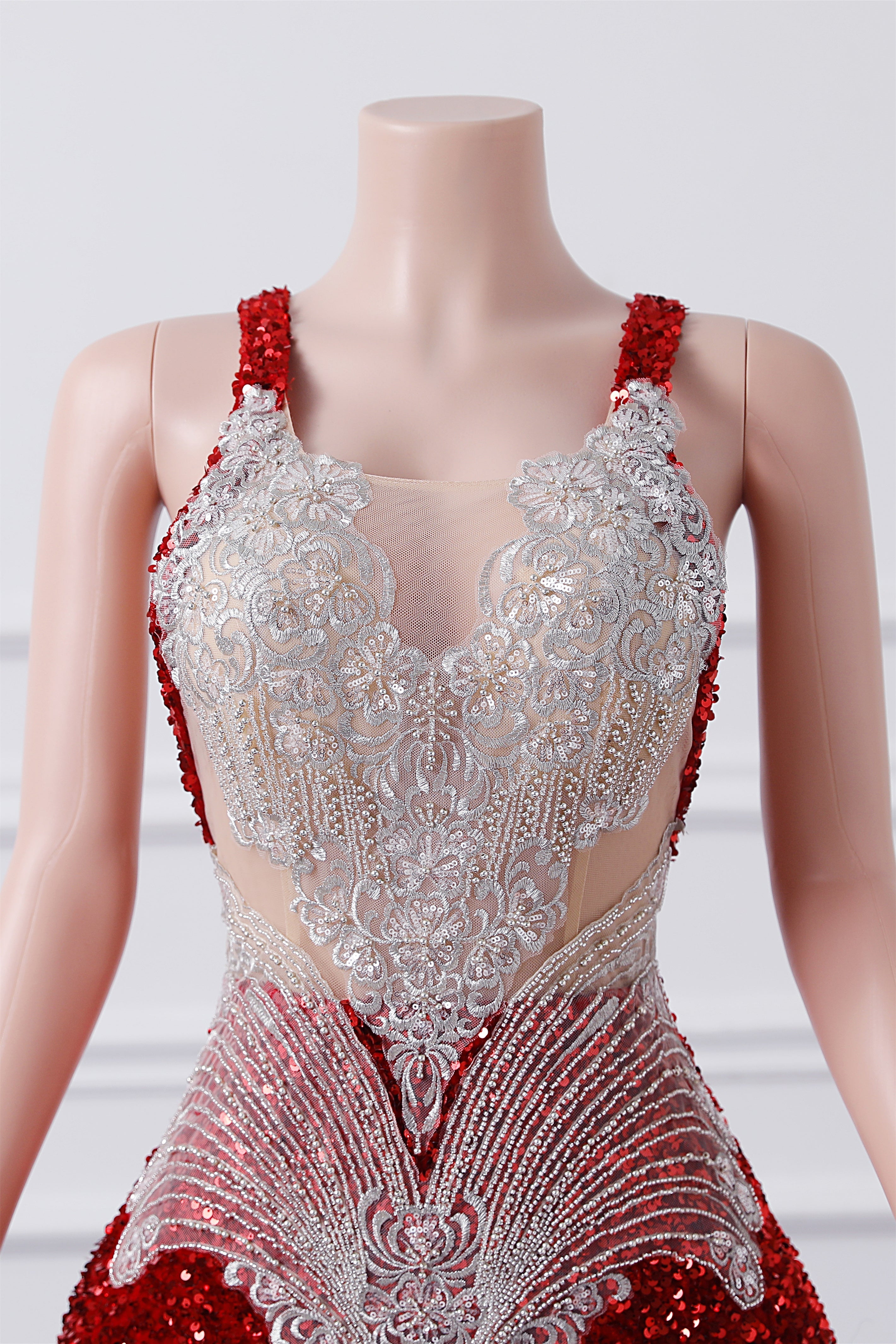 Burgundy Sequin Mermaid Silver Beaded Court Trian Prom Dresses-BallBride