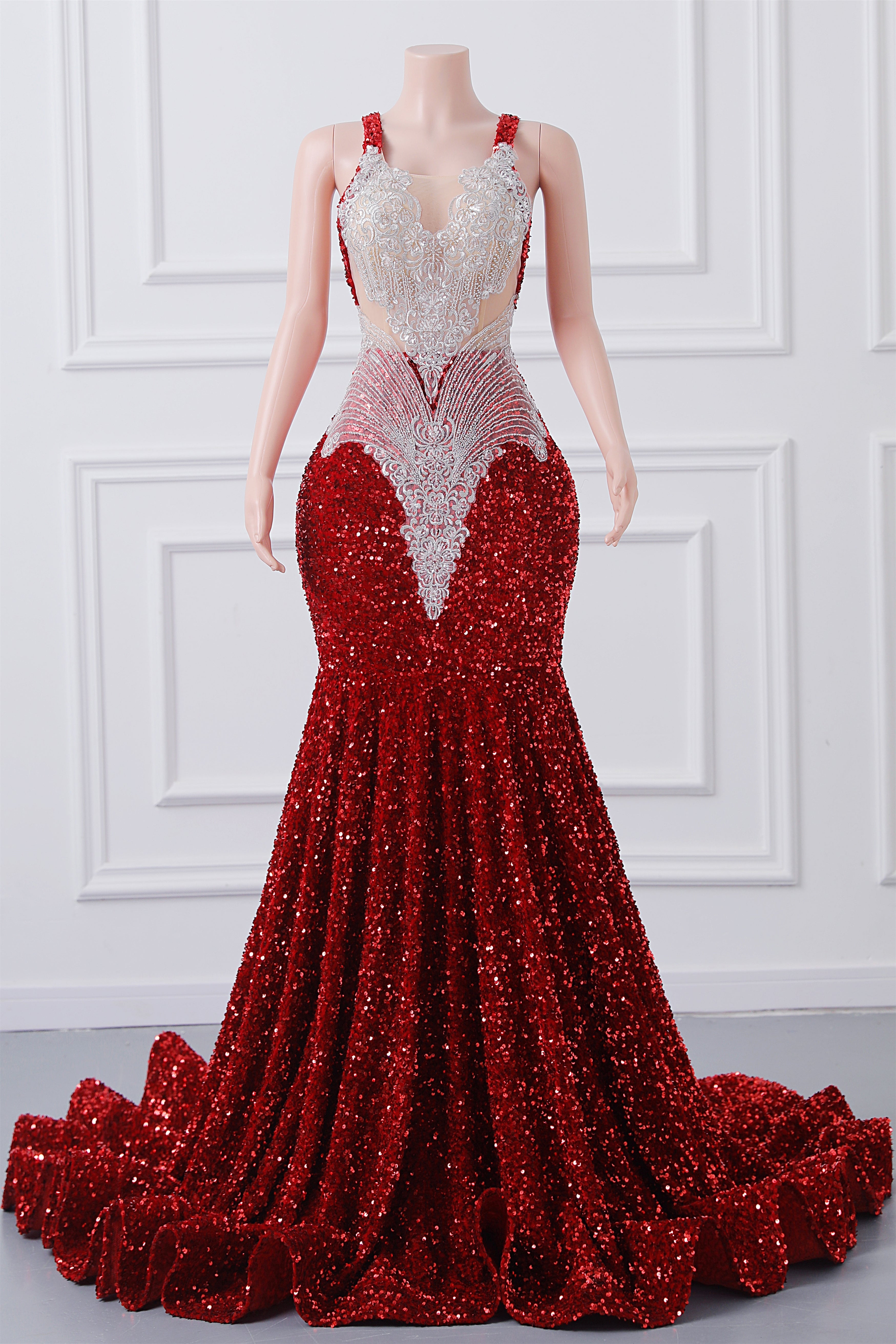 Burgundy Sequin Mermaid Silver Beaded Court Trian Prom Dresses-BallBride