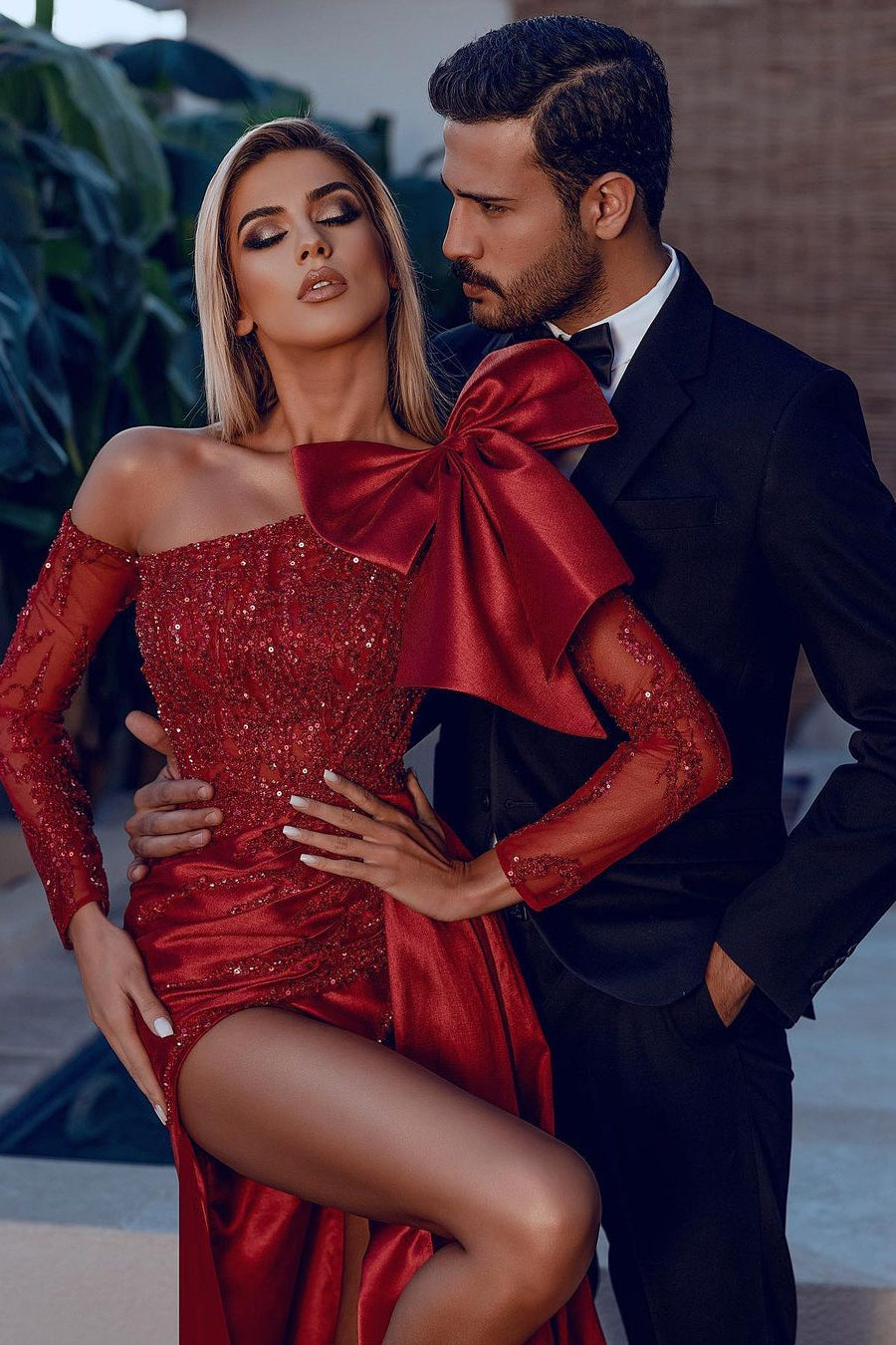 Burgundy Sequins Mermaid Prom Dress With Split and Long Sleeves Bowknot-BallBride