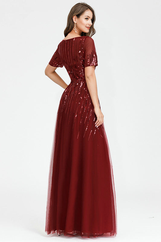 Burgundy Short Sleeve Sequin Prom Dress Online-BallBride