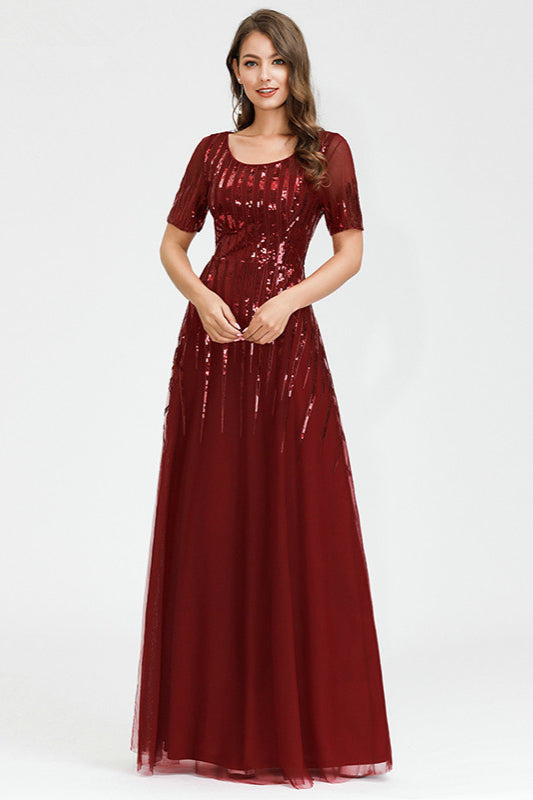 Burgundy Short Sleeve Sequin Prom Dress Online-BallBride