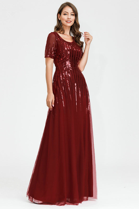 Burgundy Short Sleeve Sequin Prom Dress Online-BallBride